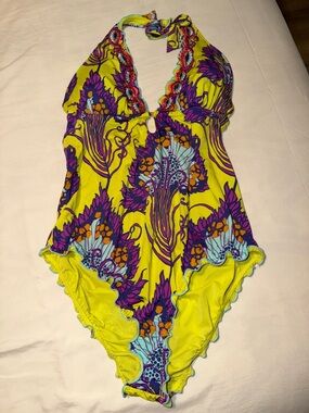 Vibrant Yellow Halter One-Piece Swimsuit with Purple Floral Print